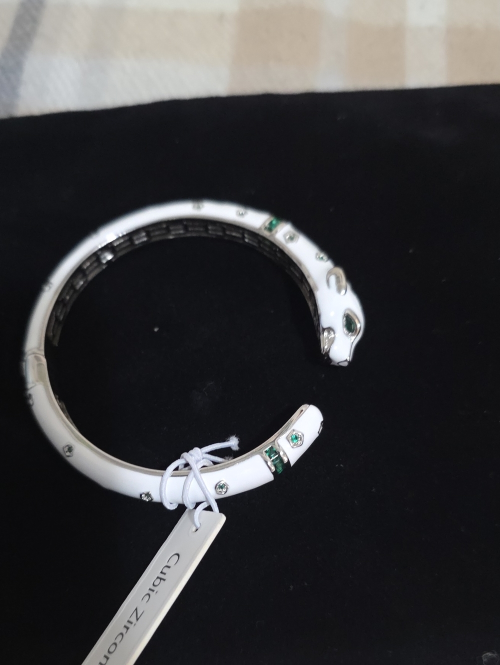 White Enamel and Green Stone Snake Cuff Bracelet